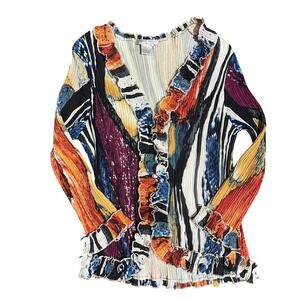 Alberto Makali Multicolor Pleated Ruffle Trim Long‎ Sleeve Top Blouse Medium
